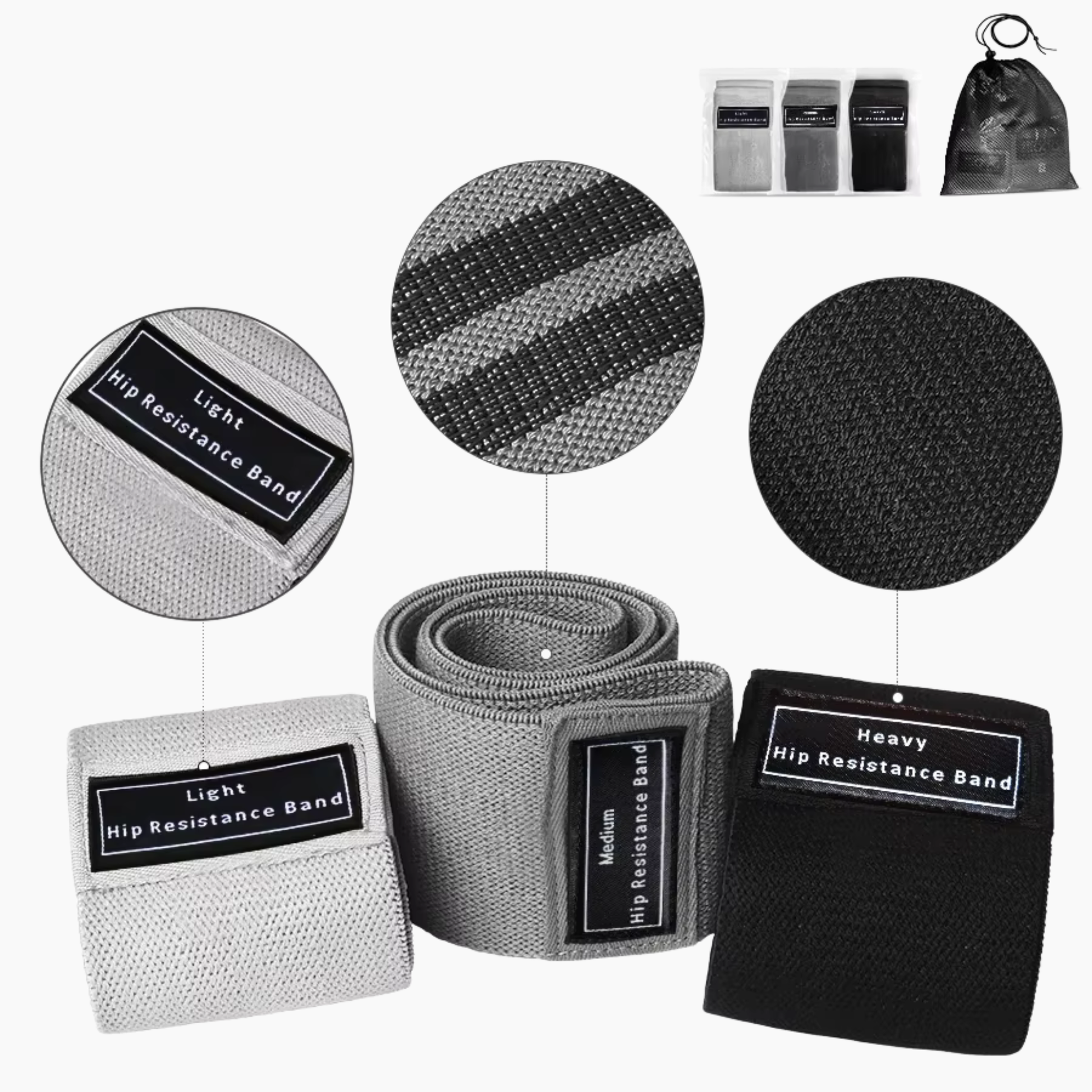 Träningsband / Miniband i textile 3-pack set med 3 motstånds nivåer